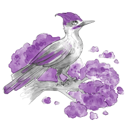 Woodpecker with purple accents standing on a tree with cloud leaves symbolizing the cloud tree creative brand