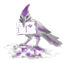 Purple-accented woodpecker holding a business card symbolizing bold business branding and creative identity