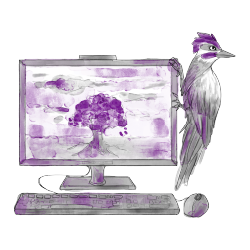Purple-accented woodpecker standing on the side of a computer monitor symbolizing website building and branding.